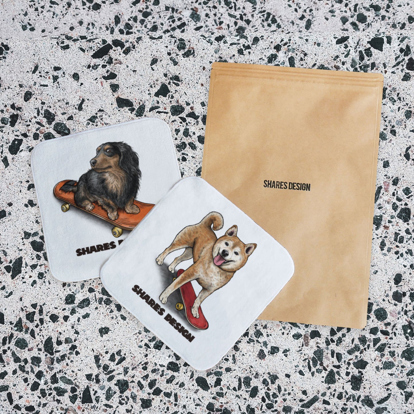 DOG SKATER-HANDTOWEL SET(送料無料)/ ハンカチ2枚セット(フレブル/ダックスフンド/柴犬 全3種)